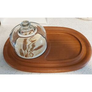 Vintage Goodwood Teak Cheese Charcuterie Board Retro Wheat Tile Board Glass Dome